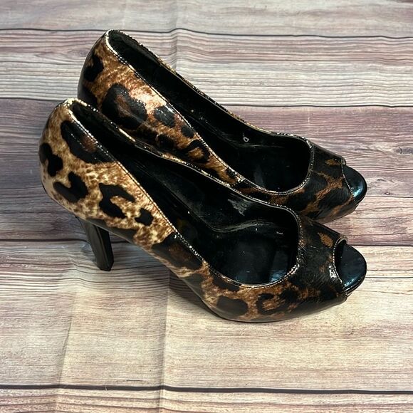 Pulse Leopard Print Peep Toe Heels Size 8.5 4.5” Stiletto Pumps - Picture 2 of 10